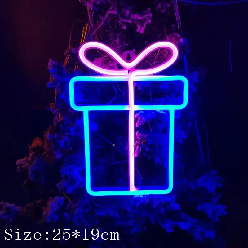 Christmas Gift Box Led Neon Sign Wall Light Santa Claus Coming Bedroom Kids Living Room Bar Party Wedding Decoration Night Lamp