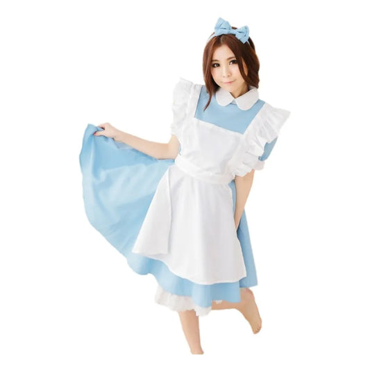 EtherealBe Alice in Wonderland cosplay costume featuring a blue dress with ruffles and a matching headband