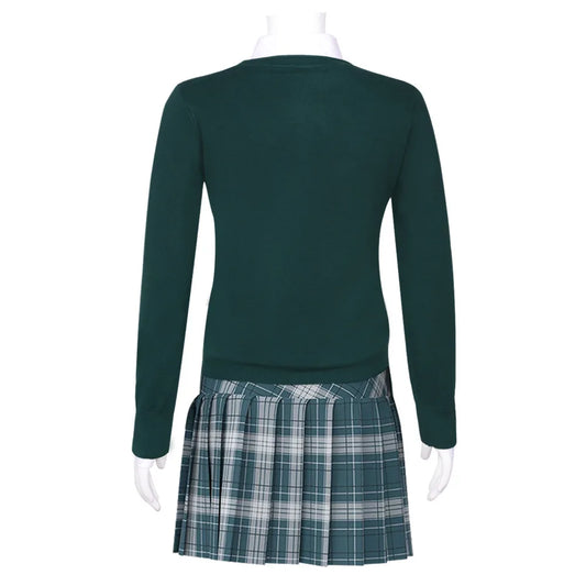 Back view of All of Us Are Dead cosplay costume featuring a green sweater and plaid skirt