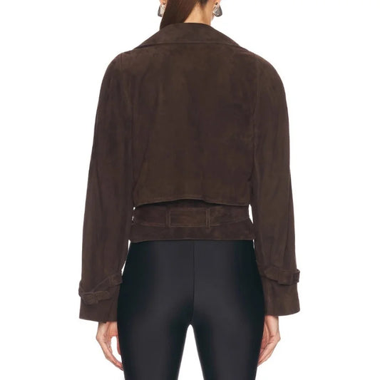 EtherealBe Faux Leather Cropped Jacket dark brown suede back view on model wearing black leggings