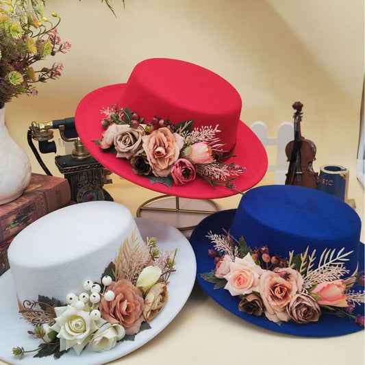 Basin flower fedora hat in red, blue, and white with floral decorations for stylish occasions