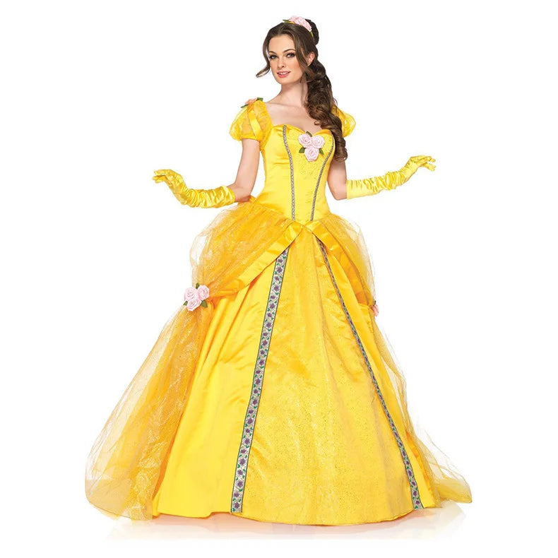 Elegant yellow Beauty and the Beast cosplay costume featuring a flared skirt and puff sleeves