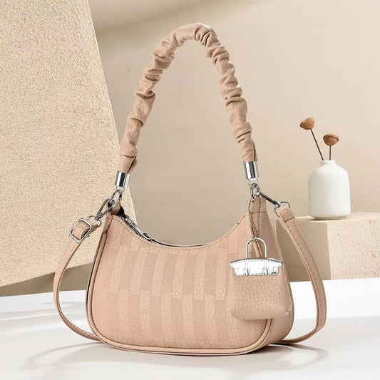 EtherealBe beige ruched handle light luxury niche shoulder bag with detachable strap checker texture and silver hardware