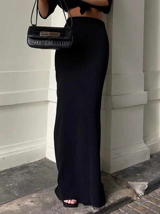 EtherealBe black high waist maxi skirt with a sleek silhouette, perfect for stylish outfits