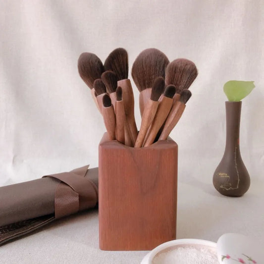 EtherealBe black walnut makeup brush set displayed in a wooden holder for precise makeup application