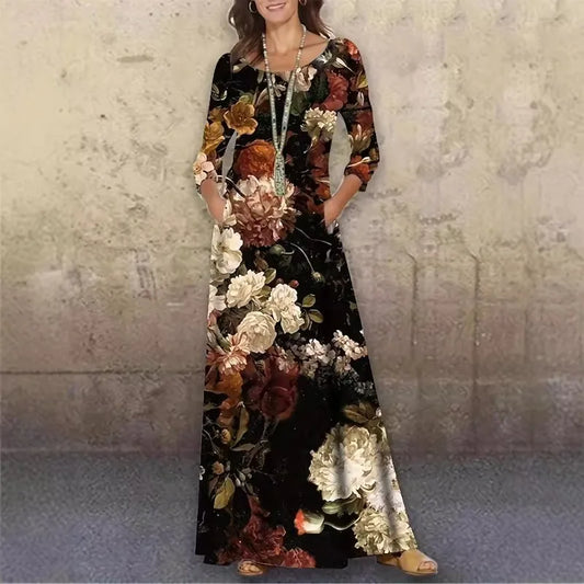 EtherealBe Bohemian long sleeve evening dress with floral print and pockets for elegant wear