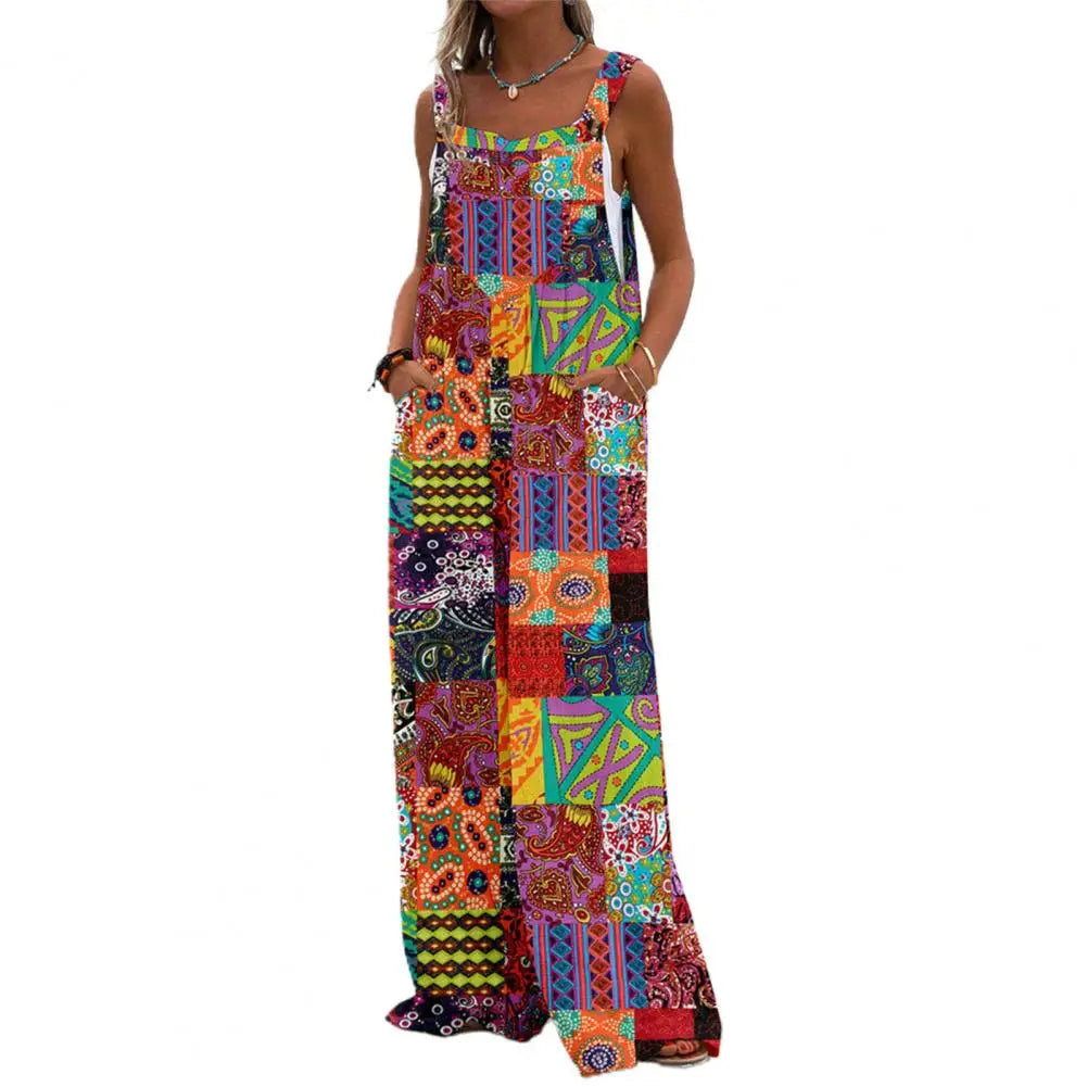 Vibrant EtherealBe boho chic jumpsuit with pockets featuring a colorful patchwork design