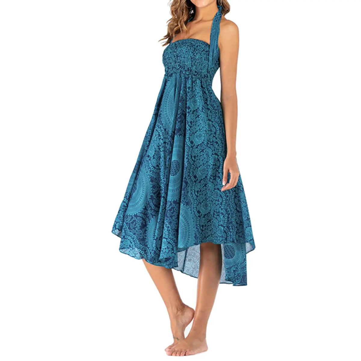 EtherealBe boho midi skirt with elastic waistband in a vibrant blue pattern, perfect for summer outings