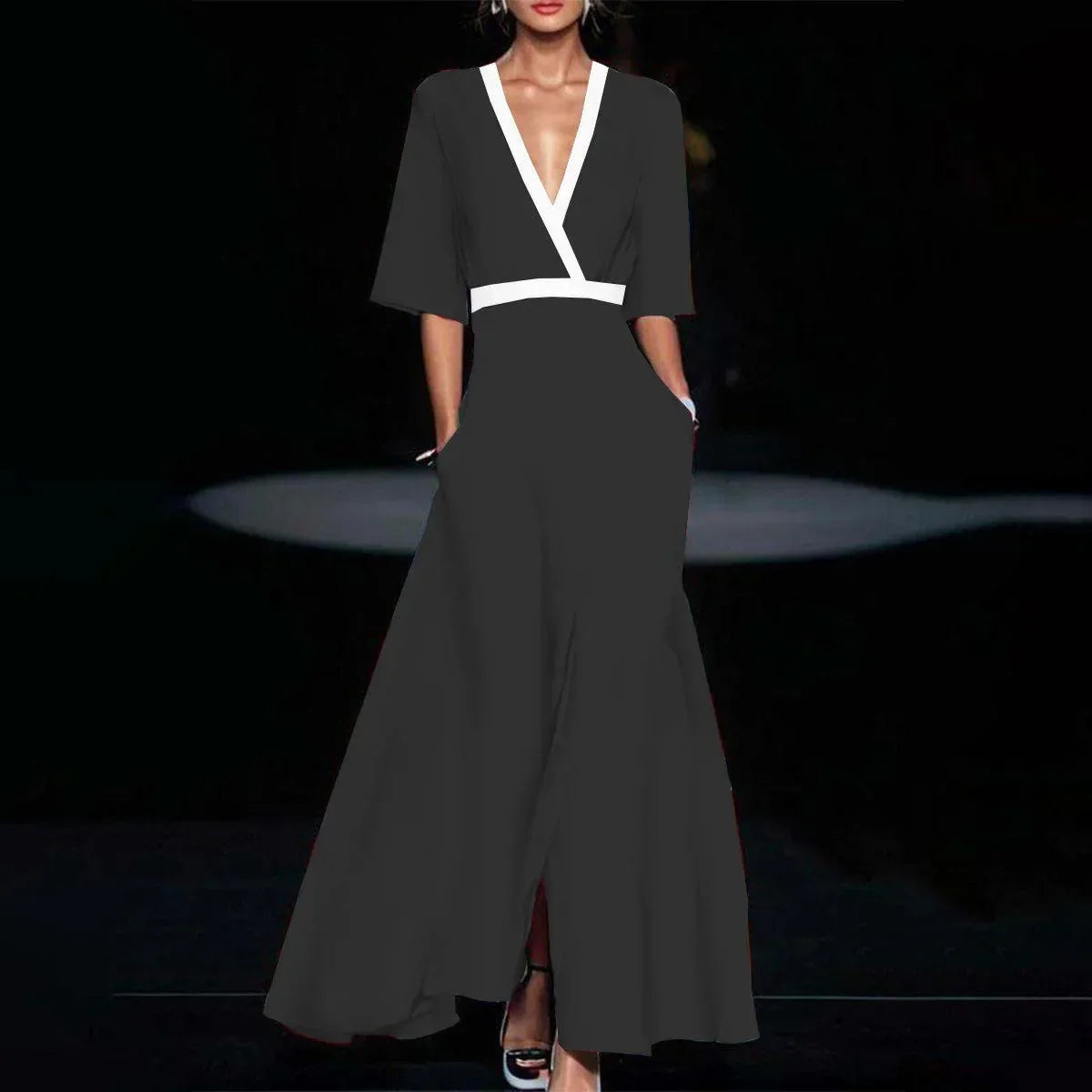 EtherealBe boho v neck maxi dress with pockets in black featuring a white belt detail
