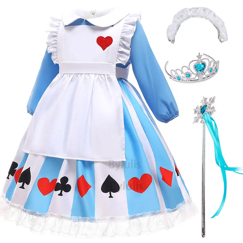 kids Alice in Wonderland costume blue long sleeve dress with white apron red heart card suit skirt tiara wand headband