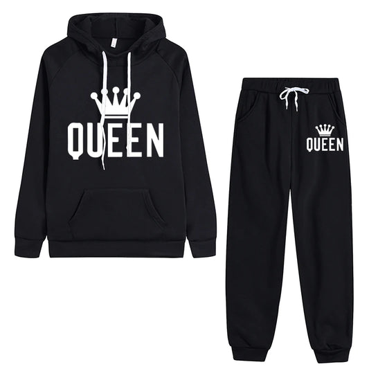 EtherealBe casual fleece 2 piece hoodie outfits for women in black with QUEEN graphic design