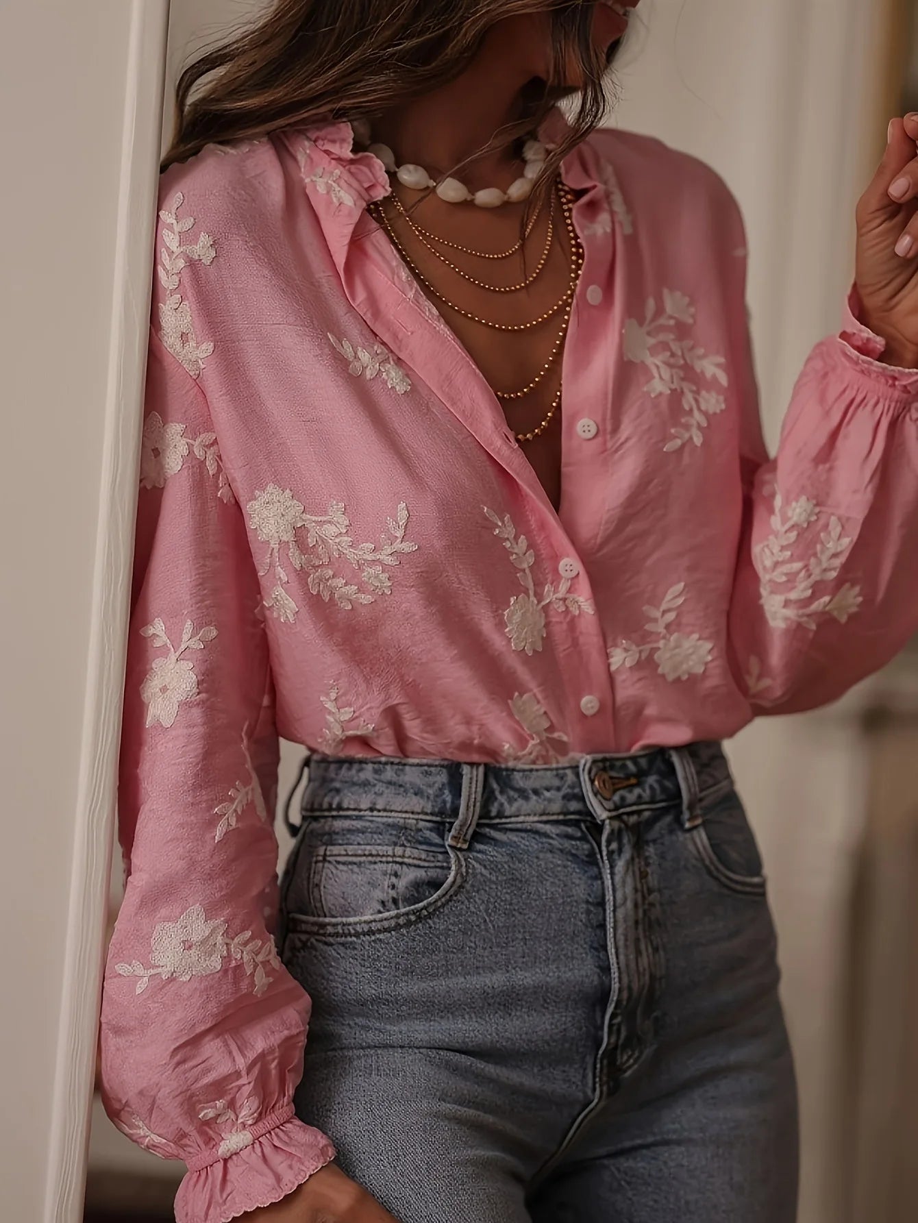 EtherealBe casual floral button down top blouse in pink with embroidered floral details and long sleeves