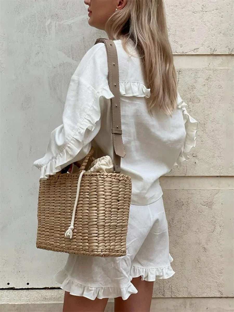 EtherealBe casual ruffle v neck outfit for women in white with stylish woven bag