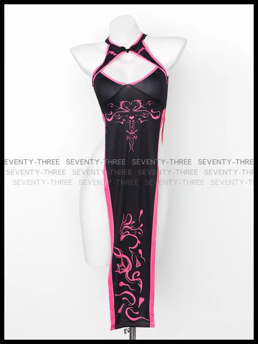 EtherealBe cheongsam high fork totem cosplay costume in black with pink detailing for stylish cosplay enthusiasts