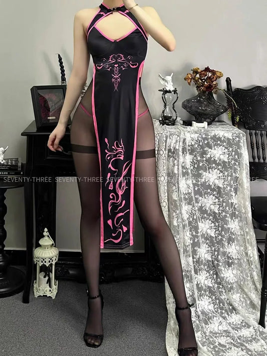 EtherealBe cheongsam high fork totem cosplay costume in black with pink accents and intricate design