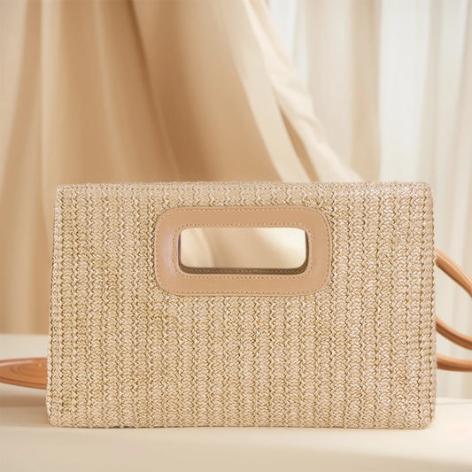 EtherealBe chic straw woven shoulder bag with a sleek design and unique cutout handle