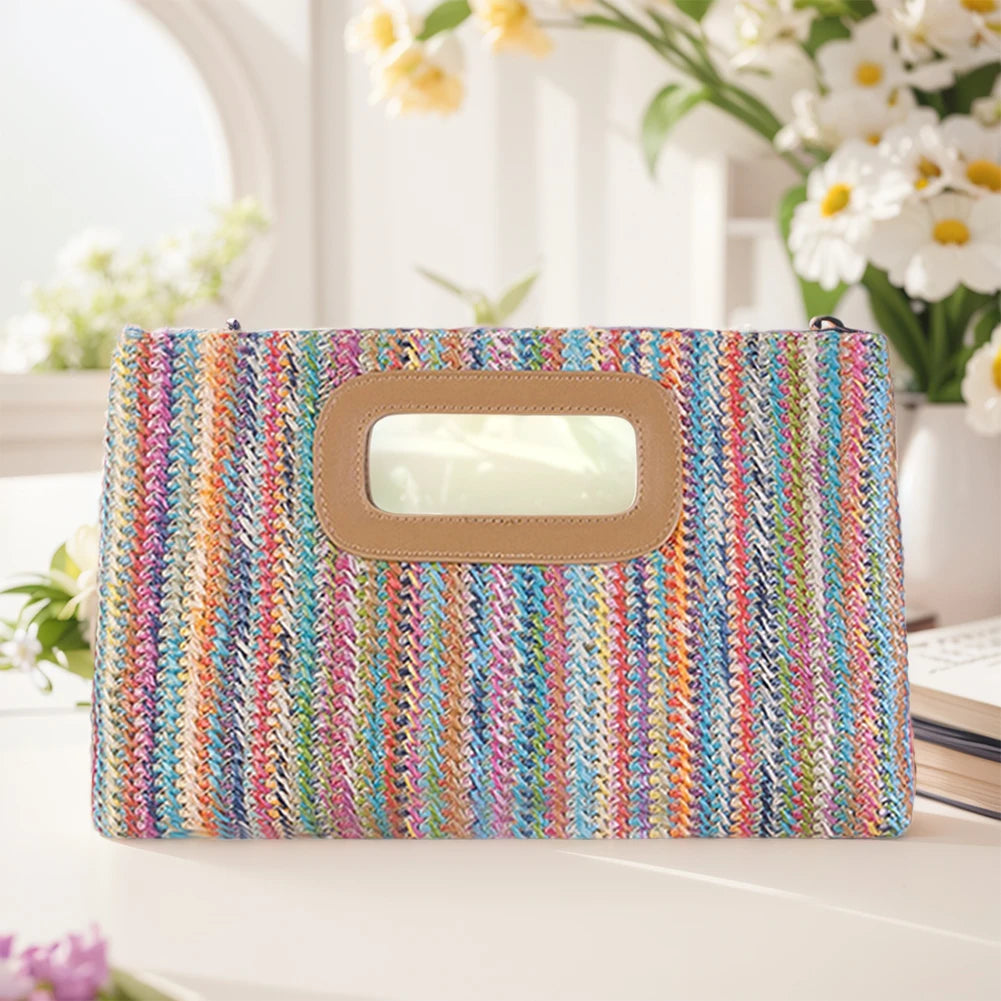 Chic straw woven shoulder bag in vibrant colors with a stylish cut-out handle design