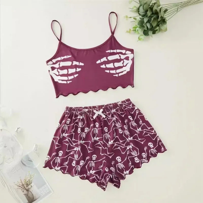 EtherealBe maroon camisole top and elastic waist shorts with skeleton print and scalloped hem alien sleepwear set for women