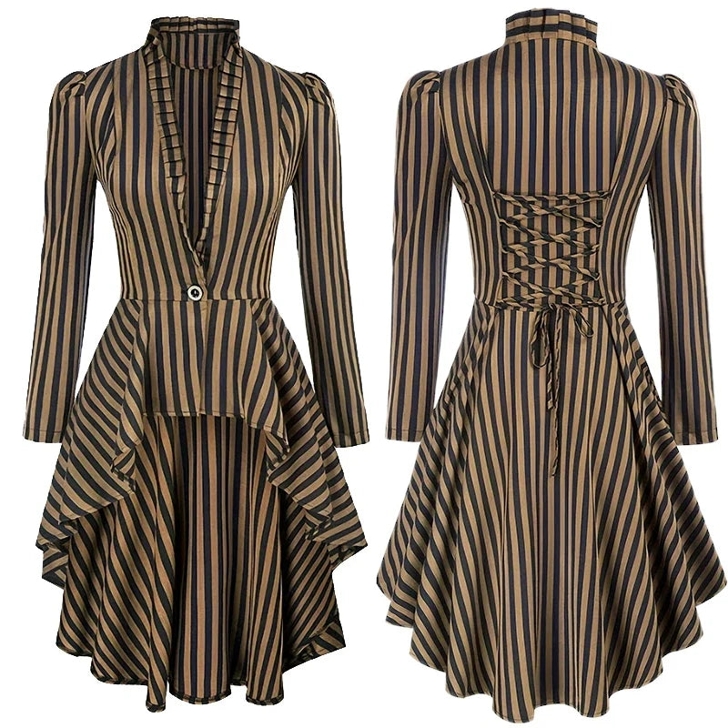EtherealBe ruffled waist saloon cosplay costume in black and beige striped design with elegant detailing