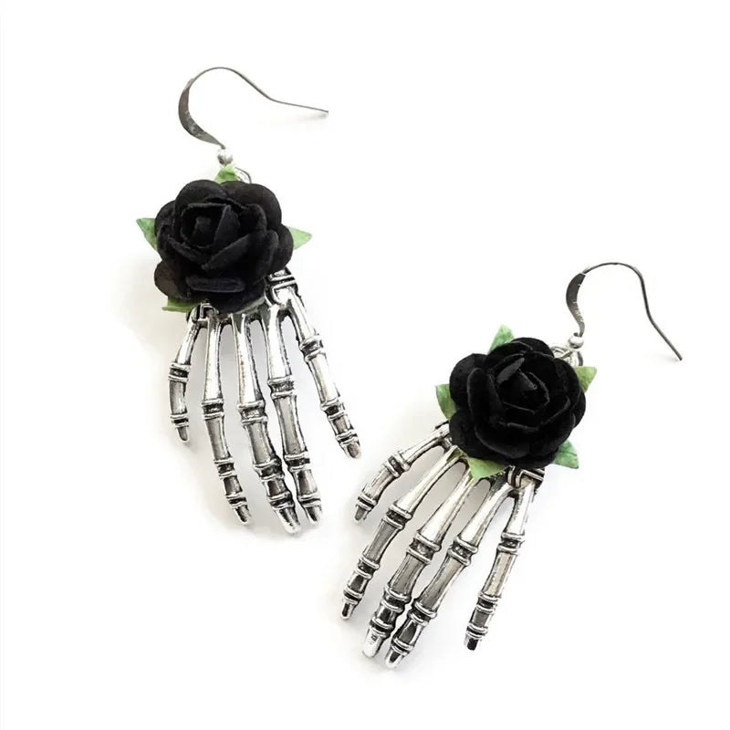 EtherealBe dark punk rose jewelry for girls featuring silver skeleton hand earrings with black roses