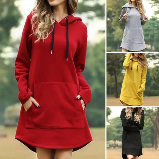 EtherealBe drawstring hooded dress with pockets in red, gray, yellow, and black, perfect for casual wear.