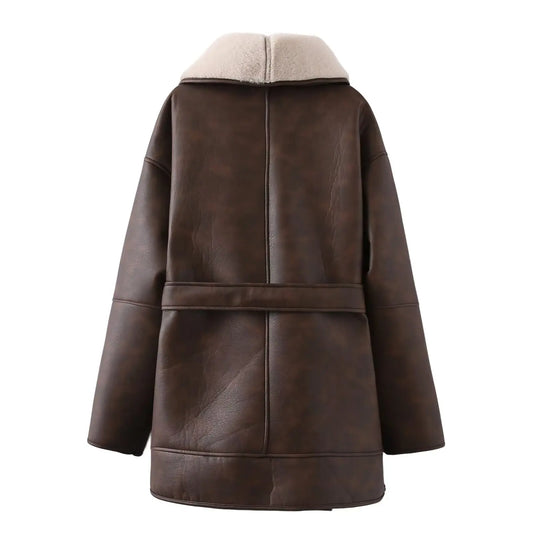 EtherealBe dual color belted faux fur jacket for women in brown with a stylish collar and comfortable fit