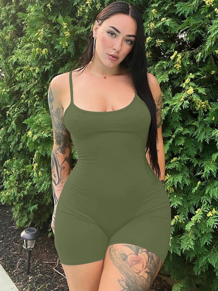 EtherealBe olive green sleeveless bodycon romper for women with scoop neck and fitted shorts on model