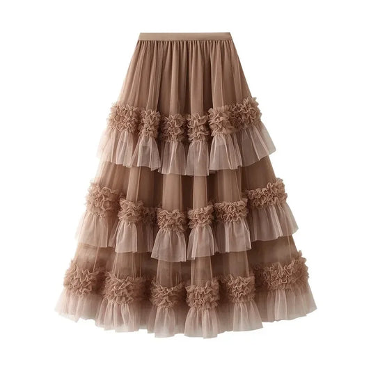 EtherealBe elegant ruffle edge skirt for women in soft brown with layered tulle design