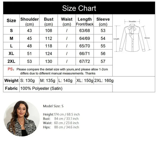 EtherealBe fashion satin blouse ladies in various sizes with size chart and model details