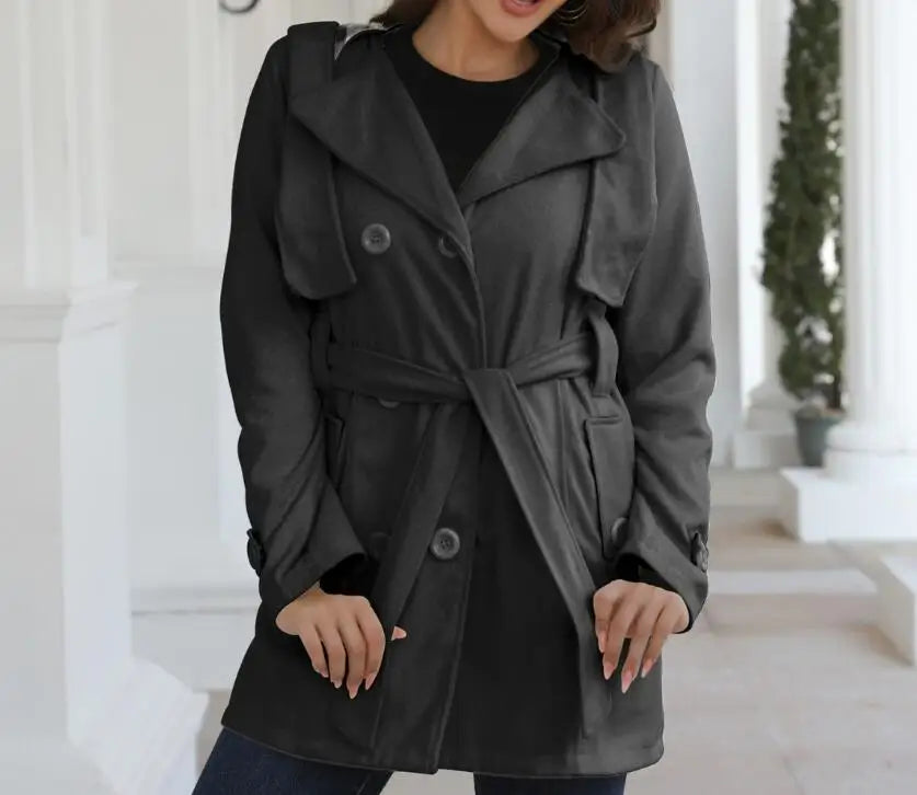 EtherealBe fashion turn-down collar jacket for women in black with a belted waist and stylish buttons