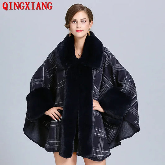 Elegant faux fur collar plaid coat in dark blue, perfect for stylish winter wear