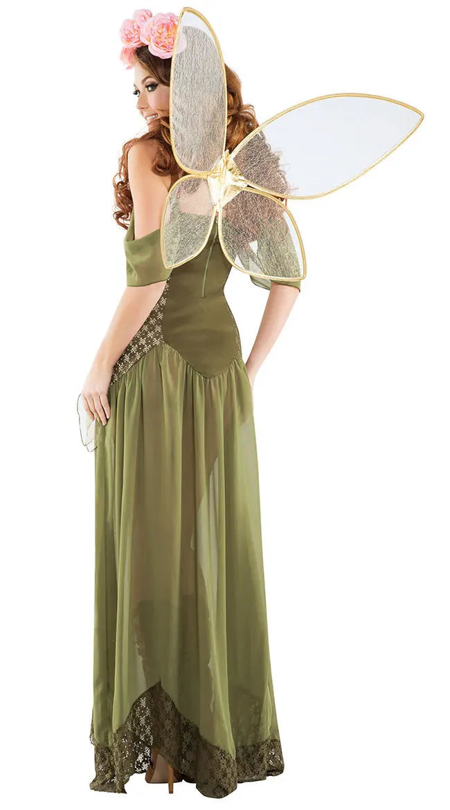 EtherealBe forest fairy cosplay costume dress with sheer wings and floral headband for magical occasions