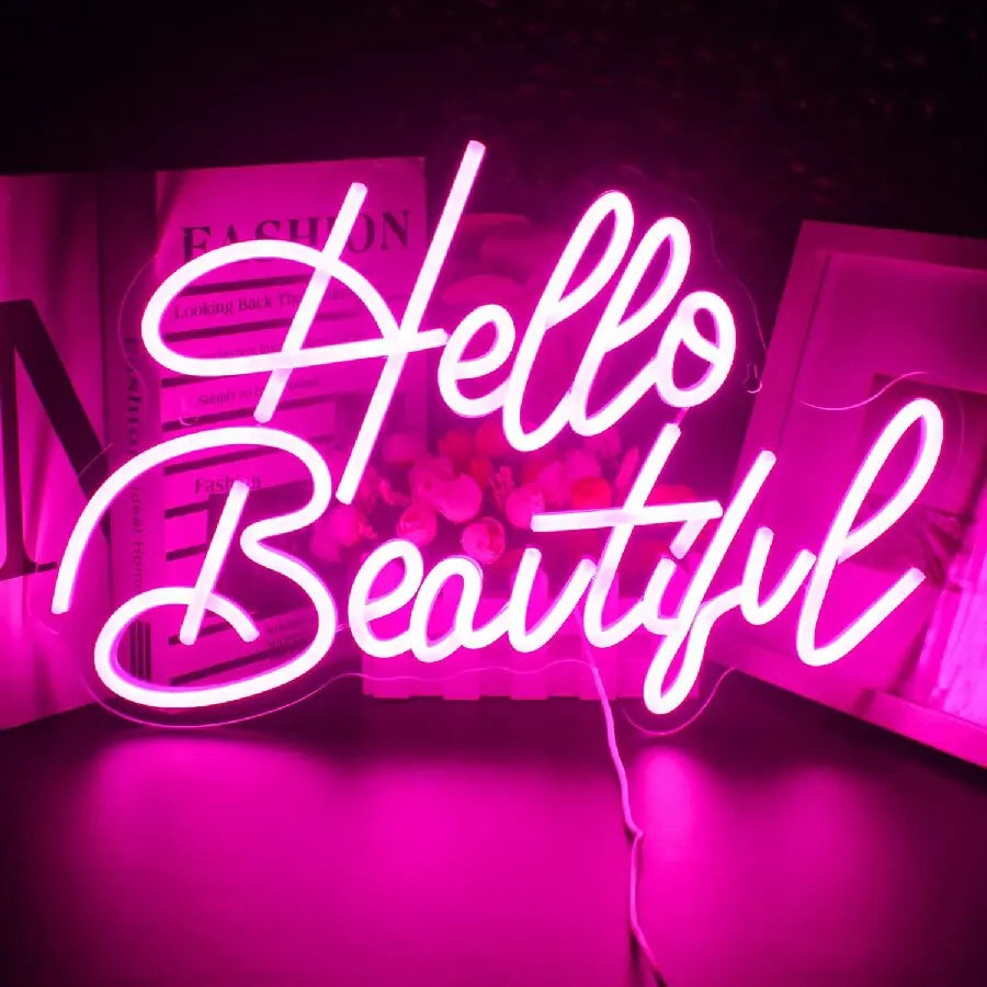 EtherealBe girls makeup room wall decor light in bright pink with the phrase Hello Beautiful
