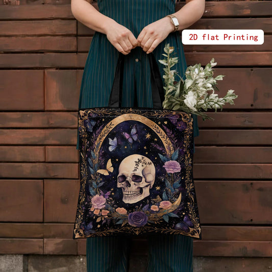 EtherealBe gothic skull tote bag featuring vibrant floral and butterfly designs with a starry background