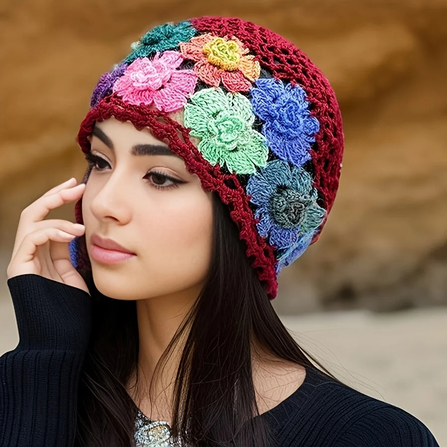 EtherealBe hand-knitted bohemian style beanie with colorful floral embellishments perfect for unique fashion