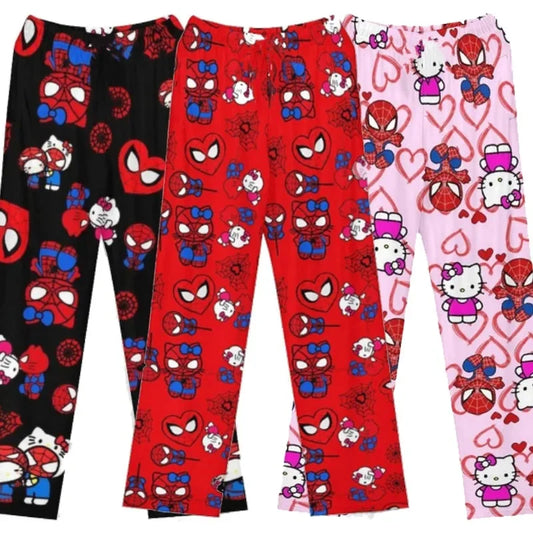 Set of three Hello Kitty anime pajama pants featuring Spiderman and colorful character designs