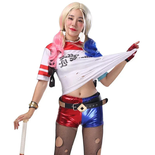 Joker and Quinn couple costume set featuring colorful Harley Quinn outfit with playful design