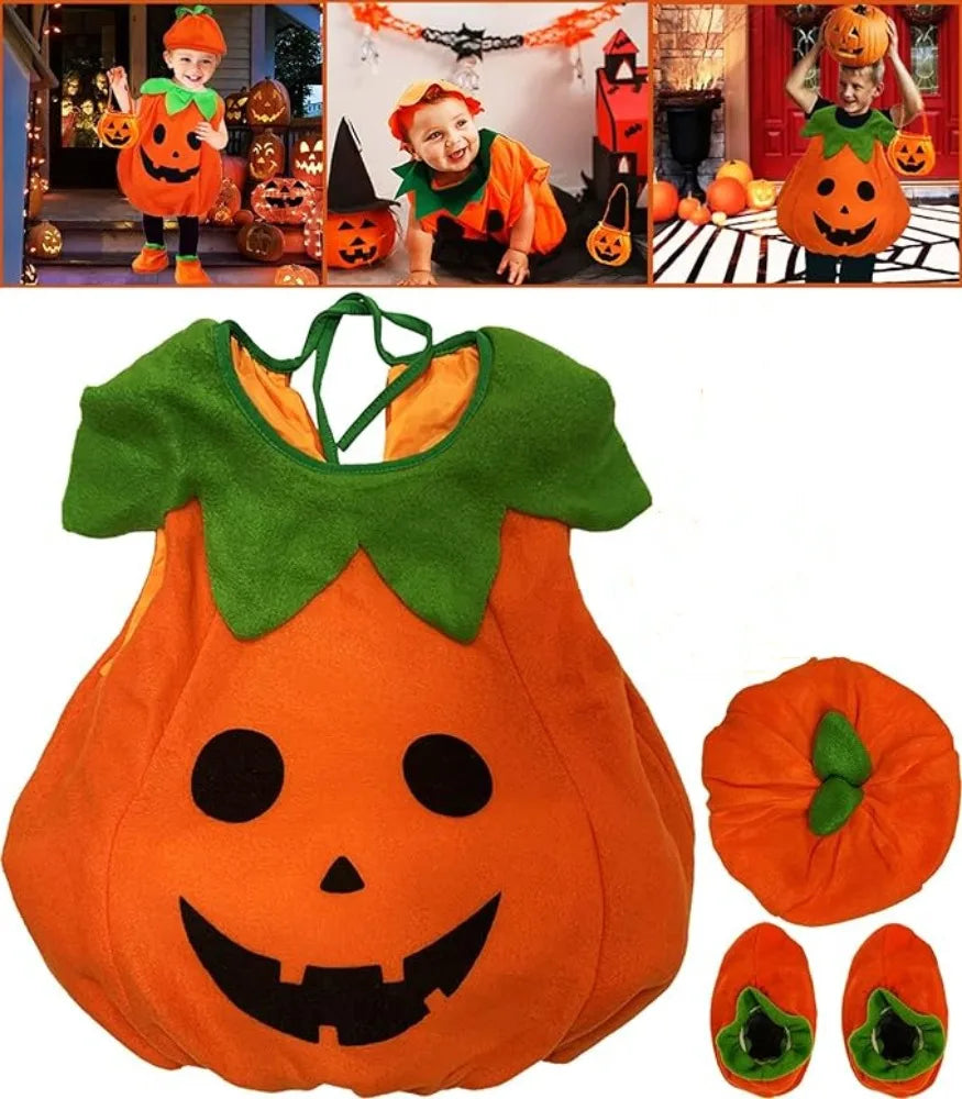 EtherealBe kids pumpkin costume Halloween with soft orange fabric and matching accessories