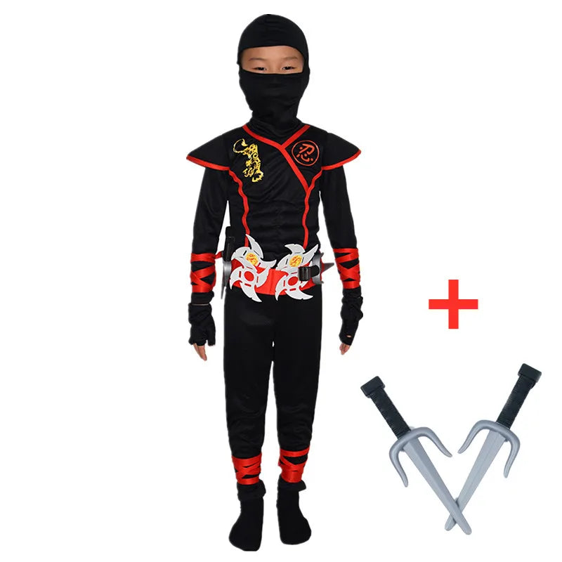 Kids Samurai Halloween Outfit in Black with Red Accents and Included Toy Ninja Weapons