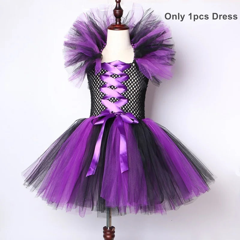 EtherealBe kids witch tutu costume with hat in black and purple featuring a ruffled design and satin ribbons