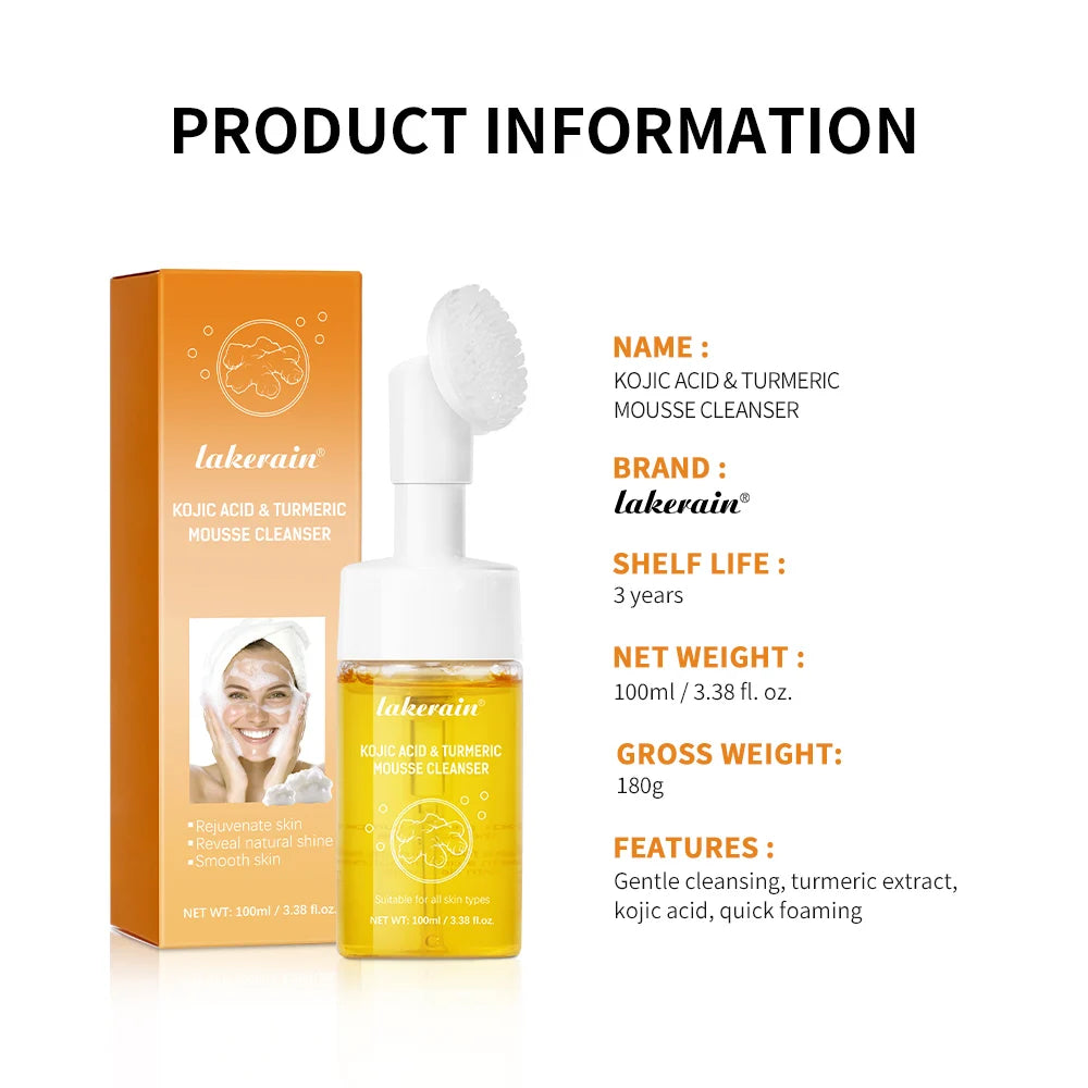 Kojic Acid and Turmeric Mousse Cleanser by Lakerain for gentle turmeric facial cleanser for glowing skin