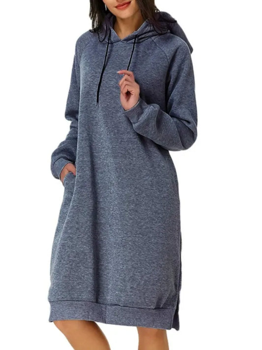 EtherealBe loose hooded knit dress for women in cozy gray with pockets and a relaxed fit