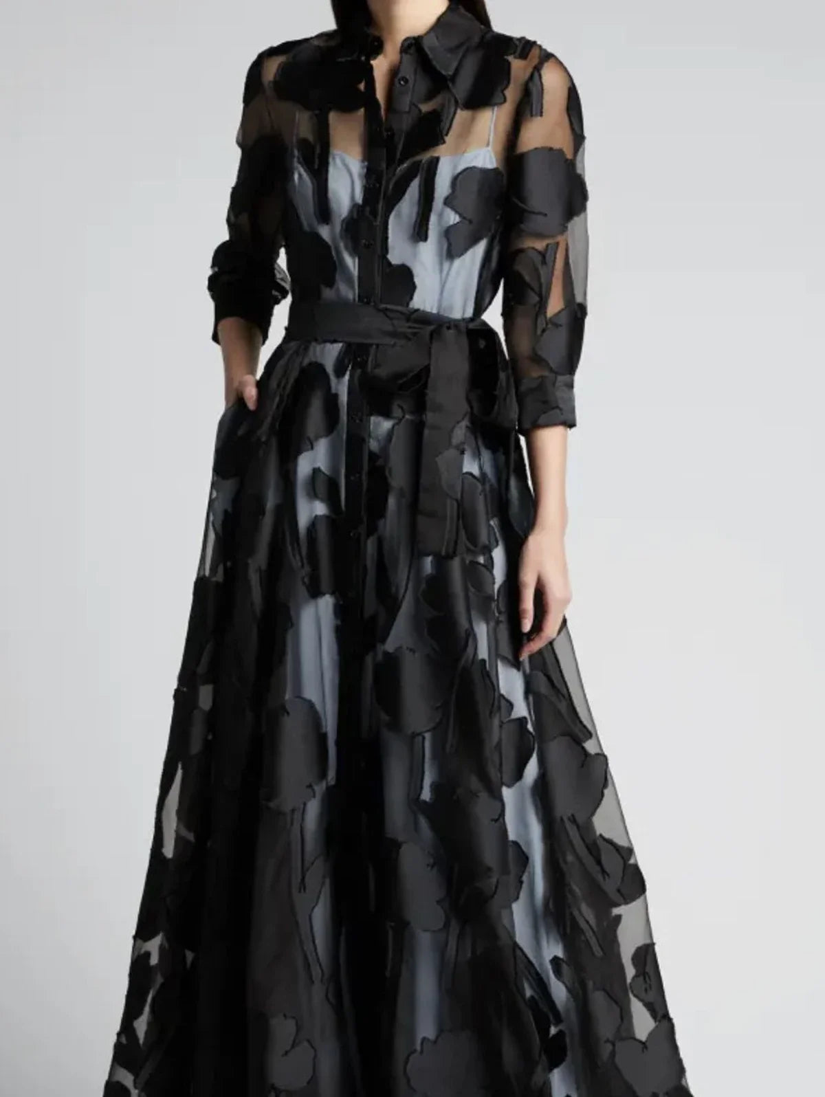 EtherealBe elegant polka dot maxi dress black sheer overlay with waist sash and three quarter sleeves