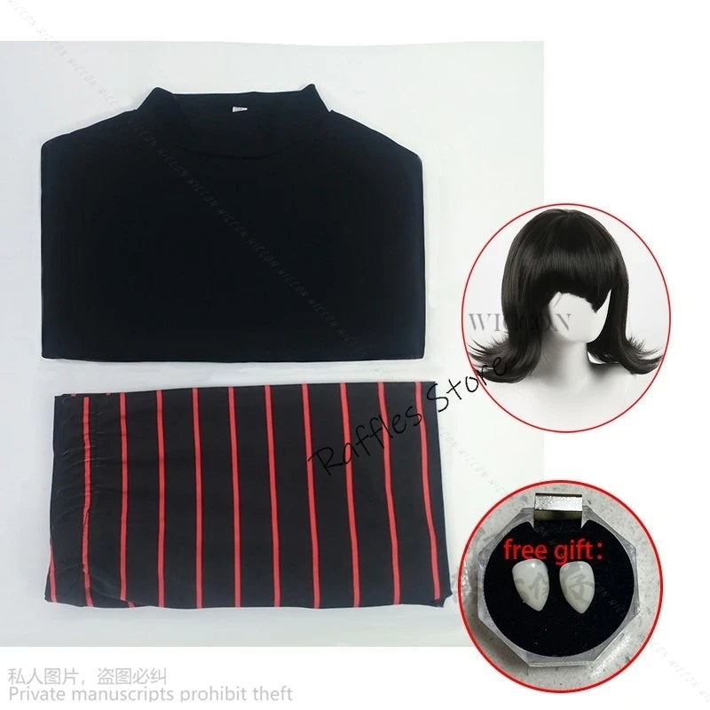 Mavis Dracula cosplay costume for women featuring a black top and striped skirt with a free wig gift