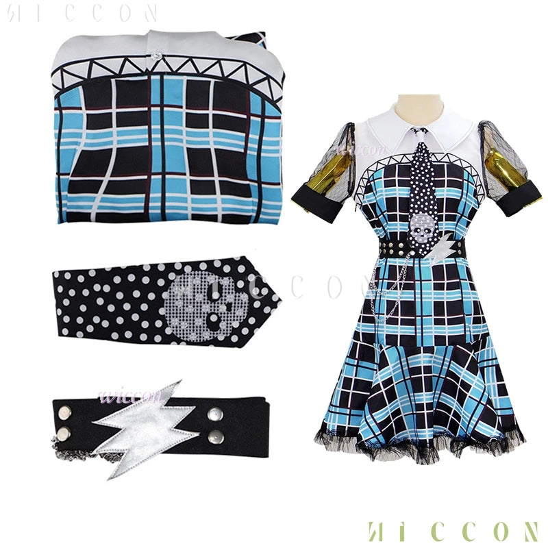 Monster High Franky Stein girl dress Halloween outfit with plaid design and skull accessories