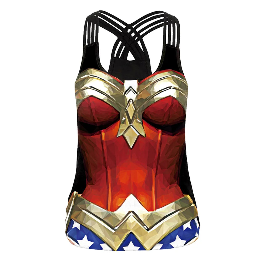 women superhero workout tank top with Wonder Woman inspired red gold armor print crossed black straps and blue star hem