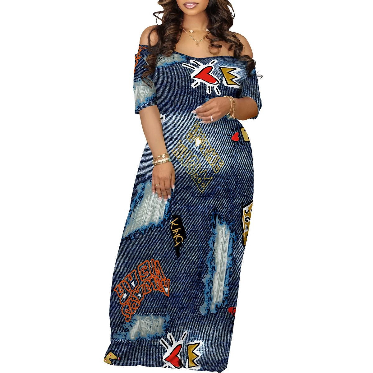 Elegant off shoulder printed maxi dress in denim style with colorful graphic designs for a trendy look