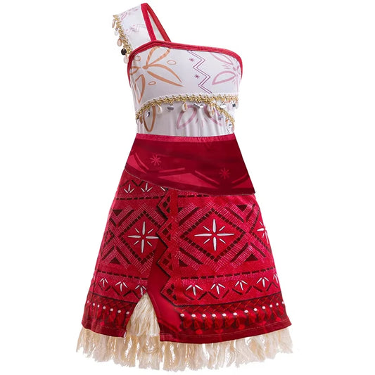 Disney Moana 2 Vaiana costume kids cosplay red one shoulder tribal dress with gold trim bead accents and fringe hem