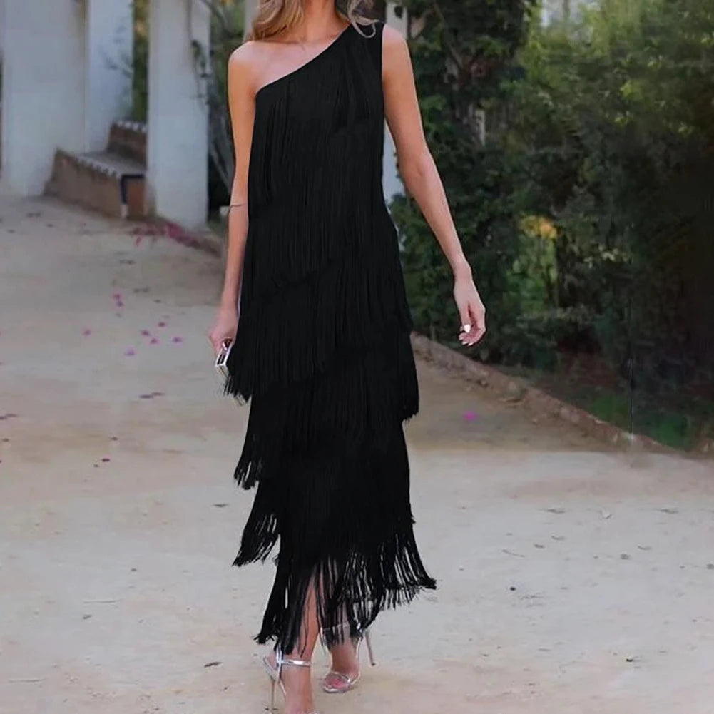 Elegant black one shoulder layered tassel dress for women, perfect for evening events and summer parties
