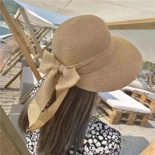 EtherealBe Panama bowknot bucket sun hat with a wide brim and stylish back bow detail